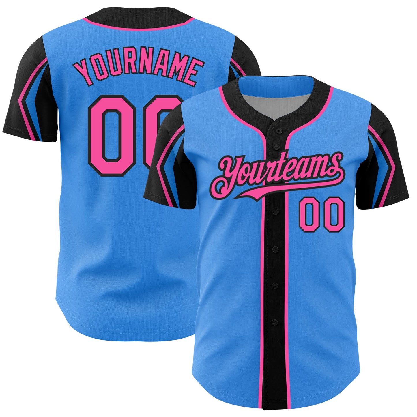 Custom Electric Blue Pink-Black 3 Colors Arm Shapes Authentic Baseball Jersey - Sky-Custom