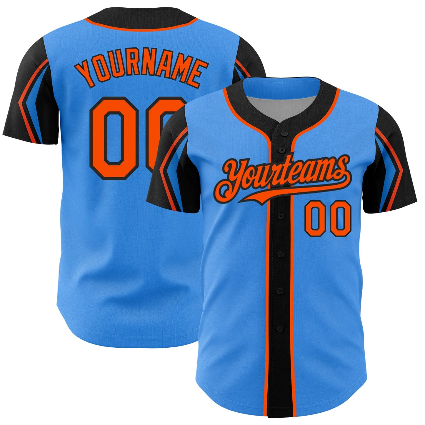 Custom Electric Blue Orange-Black 3 Colors Arm Shapes Authentic Baseball Jersey - Sky-Custom