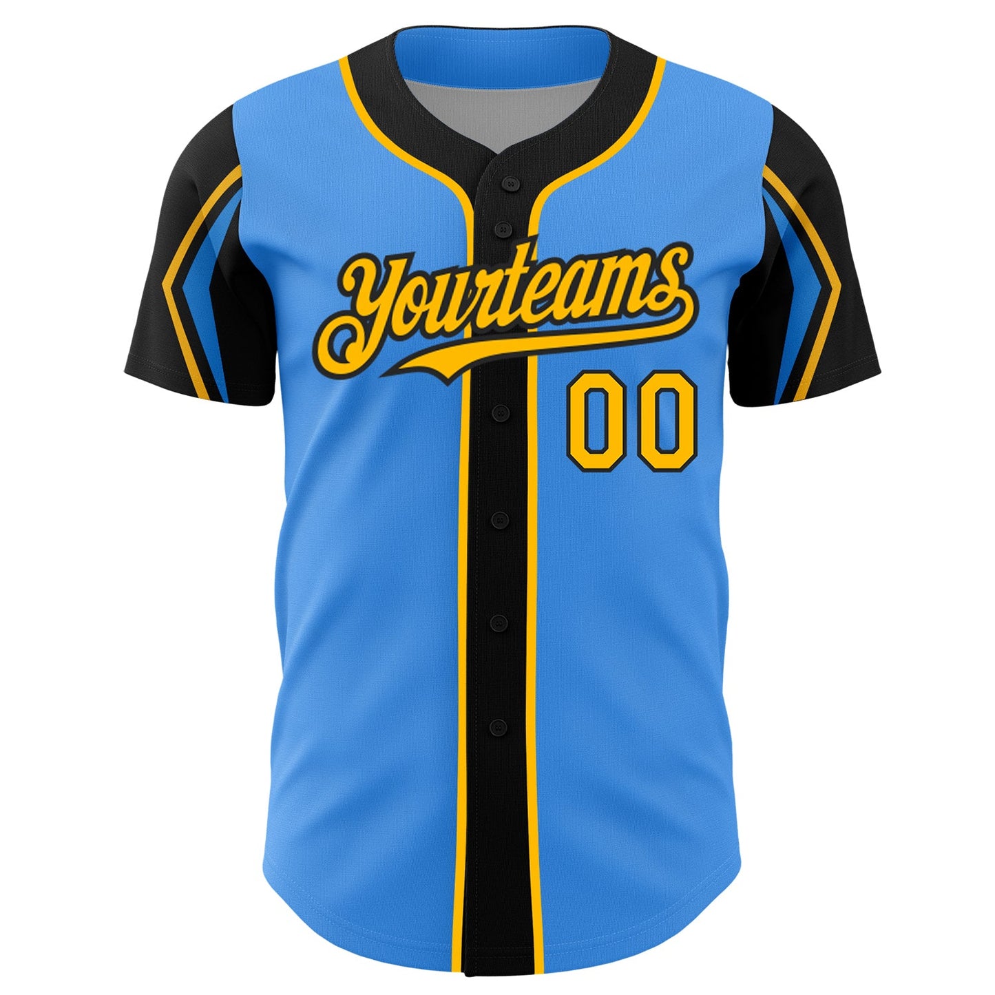 Custom Electric Blue Gold-Black 3 Colors Arm Shapes Authentic Baseball Jersey - Sky-Custom