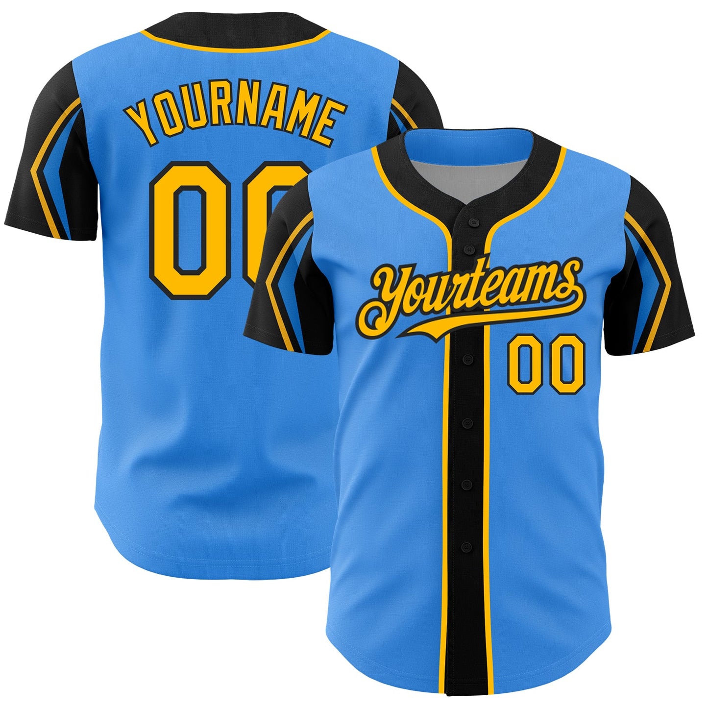 Custom Electric Blue Gold-Black 3 Colors Arm Shapes Authentic Baseball Jersey - Sky-Custom