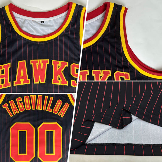 Custom Black Red Pinstripe Red-Gold Authentic Basketball Jersey - Sky-Custom
