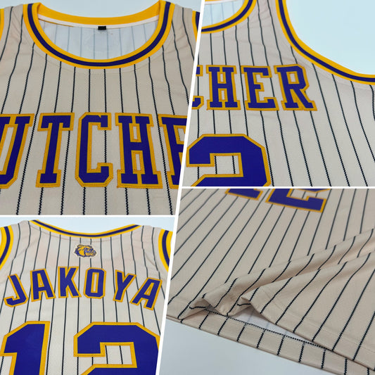 Custom Cream Black Pinstripe Purple-Gold Authentic Basketball Jersey - Sky-Custom