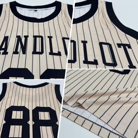 Custom Cream Black Pinstripe Black Authentic Basketball Jersey - Sky-Custom