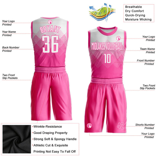 Custom Pink White Round Neck Sublimation Basketball Suit Jersey - Sky-Custom