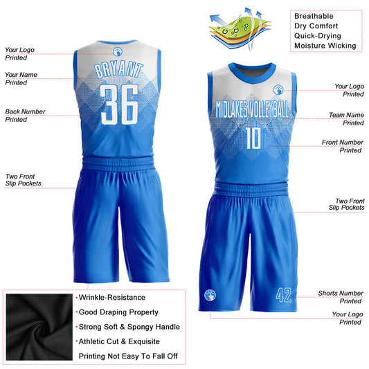 Custom Powder Blue White Round Neck Sublimation Basketball Suit Jersey - Sky-Custom