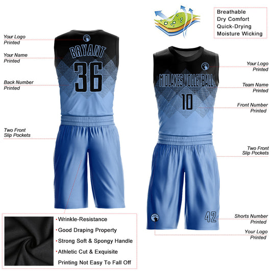 Custom Light Blue Black Round Neck Sublimation Basketball Suit Jersey - Sky-Custom