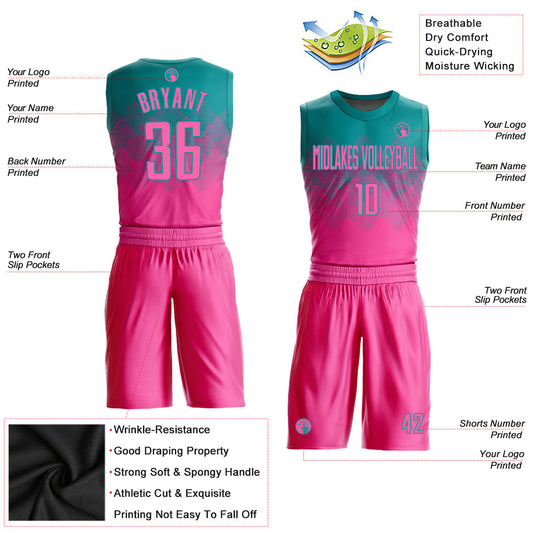 Custom Teal Pink Round Neck Sublimation Basketball Suit Jersey - Sky-Custom
