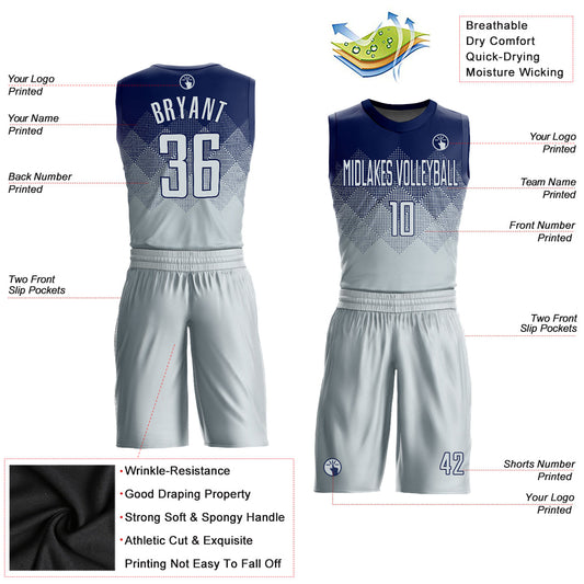 Custom Navy Silver Round Neck Sublimation Basketball Suit Jersey - Sky-Custom