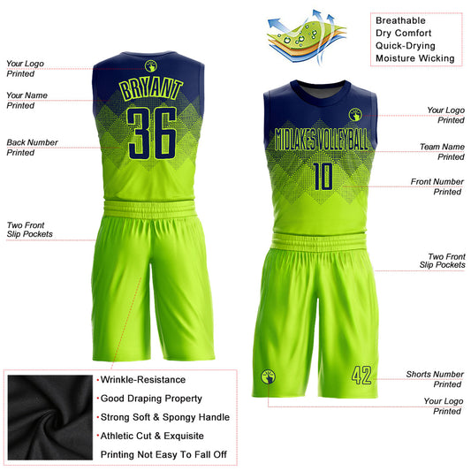 Custom Neon Green Navy Round Neck Sublimation Basketball Suit Jersey - Sky-Custom
