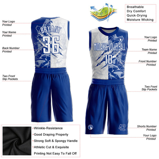 Custom Graffiti Pattern White-Royal Scratch Round Neck Sublimation Basketball Suit Jersey - Sky-Custom