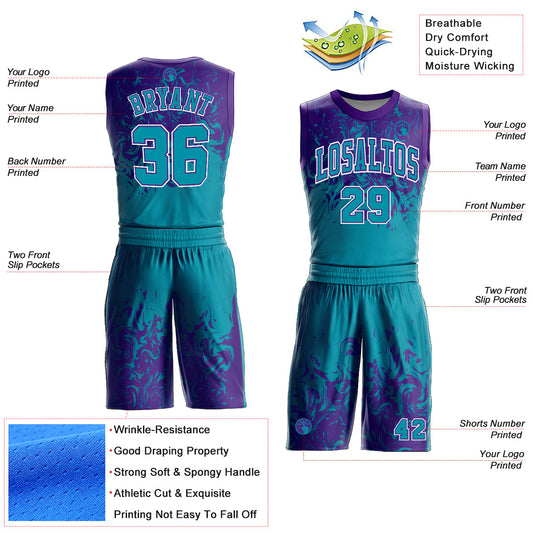 Custom Teal Purple-White Round Neck Sublimation Basketball Suit Jersey - Sky-Custom