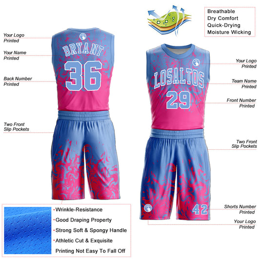 Custom Light Blue Pink-White Round Neck Sublimation Basketball Suit Jersey - Sky-Custom