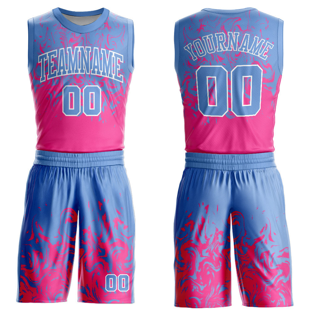 Custom Light Blue Pink-White Round Neck Sublimation Basketball Suit Jersey - Sky-Custom
