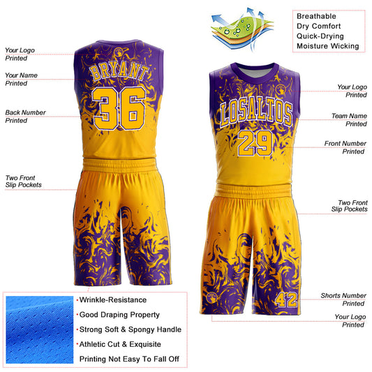 Custom Gold White-Purple Round Neck Sublimation Basketball Suit Jersey - Sky-Custom