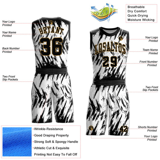 Custom White Black-Old Gold Round Neck Sublimation Basketball Suit Jersey - Sky-Custom