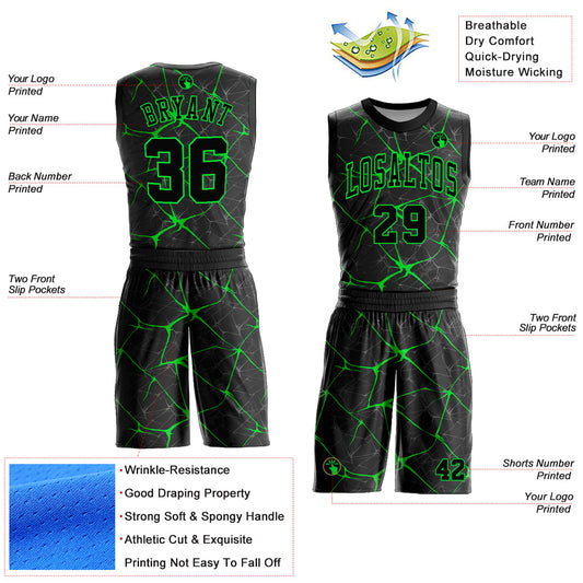 Custom Black Neon Green Round Neck Sublimation Basketball Suit Jersey - Sky-Custom