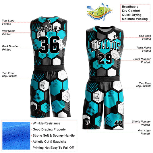 Custom Black Aqua-White Round Neck Sublimation Basketball Suit Jersey - Sky-Custom