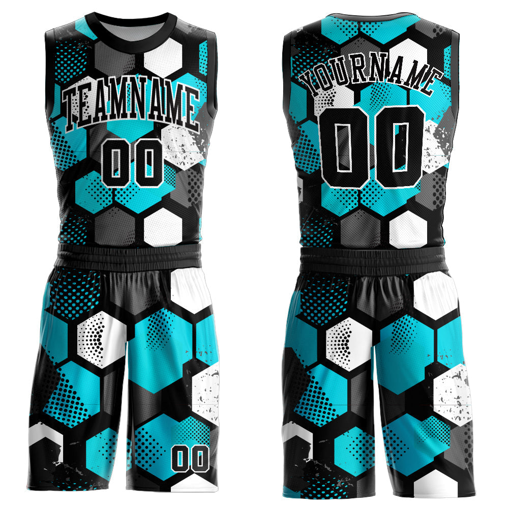 Custom Black Aqua-White Round Neck Sublimation Basketball Suit Jersey - Sky-Custom