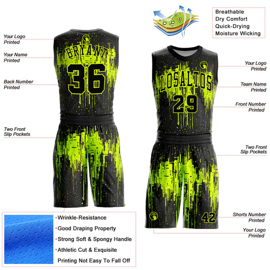 Custom Black Neon Green Round Neck Sublimation Basketball Suit Jersey - Sky-Custom