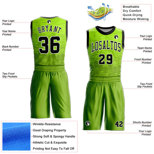 Custom Neon Green Black-White Round Neck Sublimation Basketball Suit Jersey - Sky-Custom