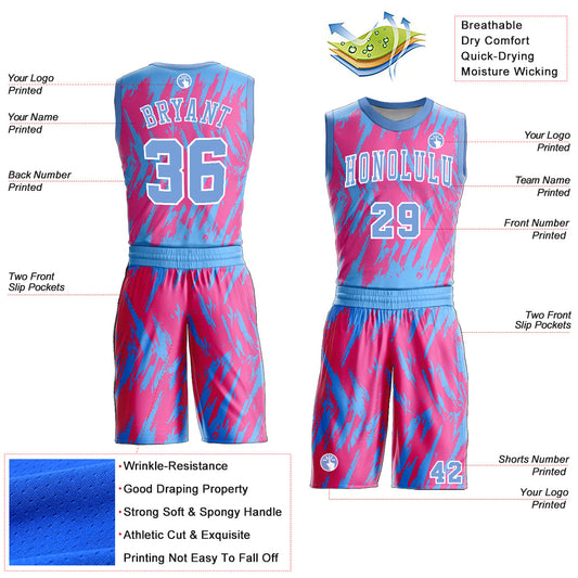 Custom Pink Light Blue-White Round Neck Sublimation Basketball Suit Jersey - Sky-Custom