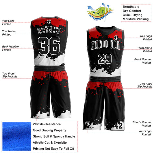 Custom Black Red-White Round Neck Sublimation Basketball Suit Jersey - Sky-Custom