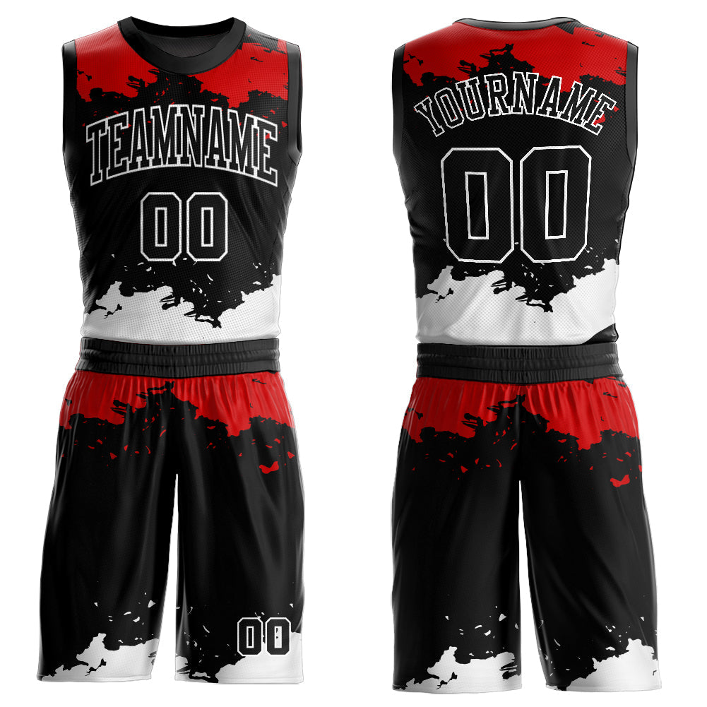 Custom Black Red-White Round Neck Sublimation Basketball Suit Jersey - Sky-Custom