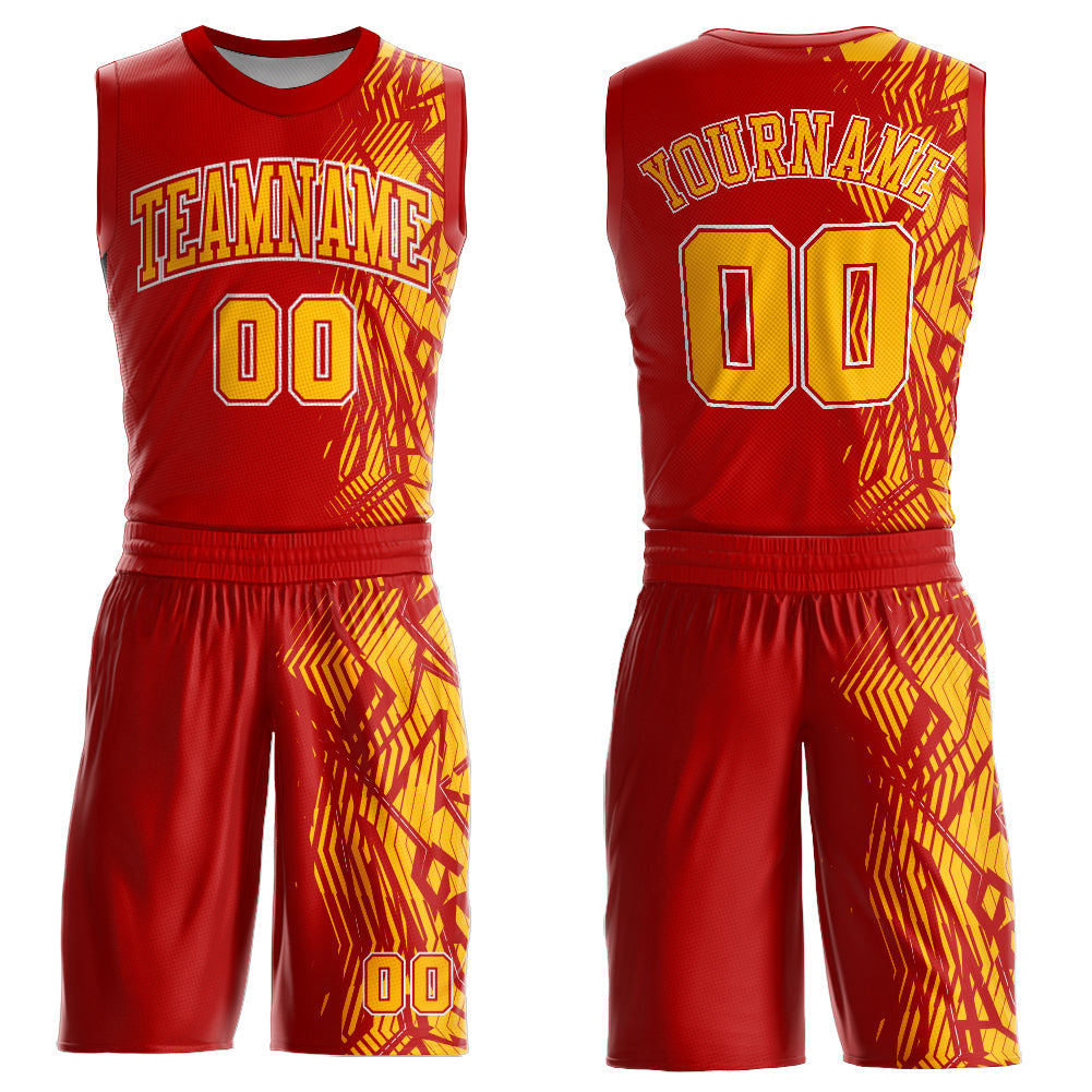 Custom Red Gold-White Round Neck Sublimation Basketball Suit Jersey - Sky-Custom