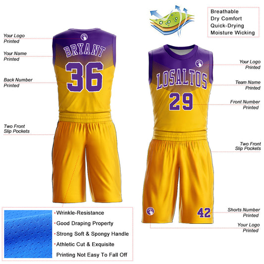 Custom Gold Purple-White Round Neck Sublimation Basketball Suit Jersey - Sky-Custom