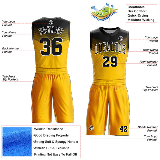 Custom Gold Black-White Round Neck Sublimation Basketball Suit Jersey - Sky-Custom