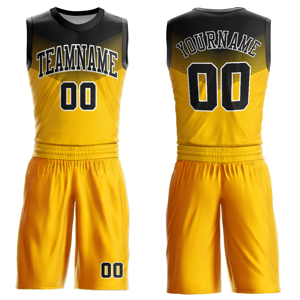 Custom Gold Black-White Round Neck Sublimation Basketball Suit Jersey - Sky-Custom