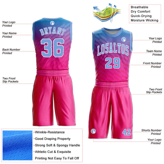 Custom Pink Light Blue-White Round Neck Sublimation Basketball Suit Jersey - Sky-Custom