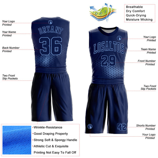 Custom Navy Light Blue Round Neck Sublimation Basketball Suit Jersey - Sky-Custom