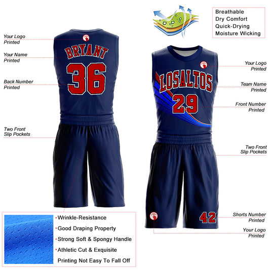 Custom Navy Red-White Round Neck Sublimation Basketball Suit Jersey - Sky-Custom