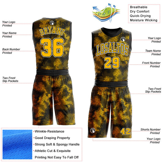 Custom Black Gold-White Round Neck Sublimation Basketball Suit Jersey - Sky-Custom