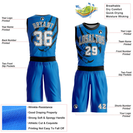 Custom Blue White-Black Animals Claws Round Neck Sublimation Basketball Suit Jersey - Sky-Custom