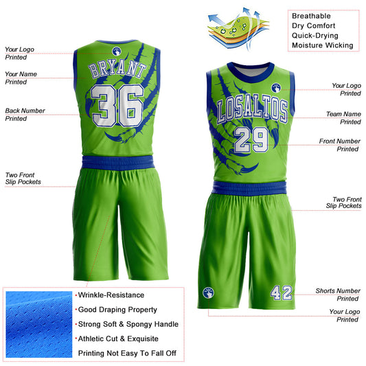 Custom Neon Green White-Royal Animals Claws Round Neck Sublimation Basketball Suit Jersey - Sky-Custom