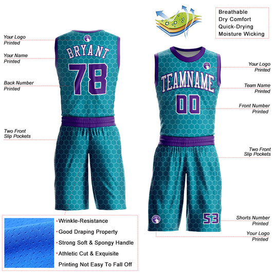 Custom Teal Purple-White Round Neck Sublimation Basketball Suit Jersey - Sky-Custom