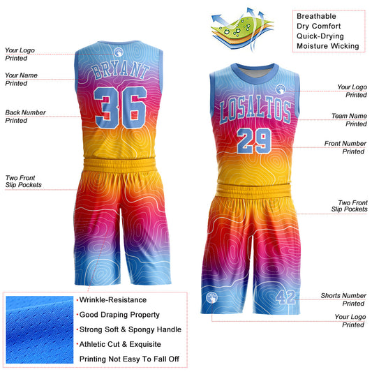 Custom Gold Light Blue-White Round Neck Sublimation Basketball Suit Jersey - Sky-Custom