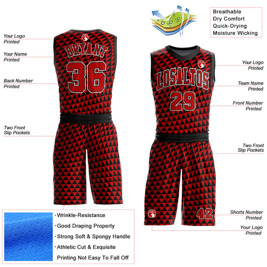 Custom Red Black-White Triangle Shapes Round Neck Sublimation Basketball Suit Jersey - Sky-Custom