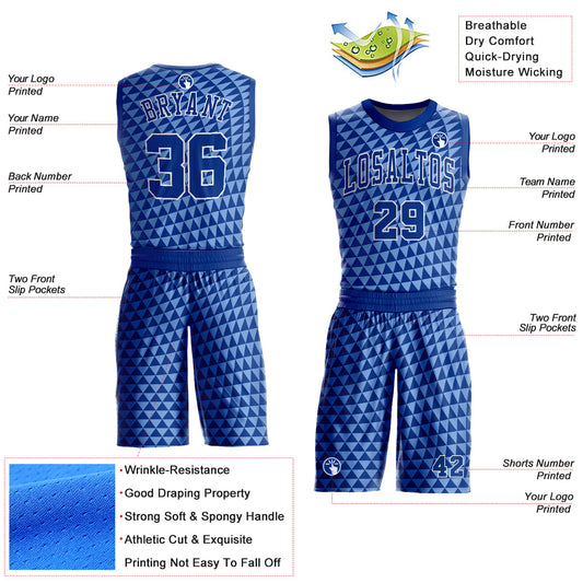 Custom Light Blue Royal-White Triangle Shapes Round Neck Sublimation Basketball Suit Jersey - Sky-Custom