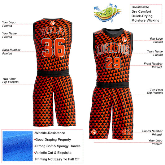 Custom Orange White-Black Triangle Shapes Round Neck Sublimation Basketball Suit Jersey - Sky-Custom