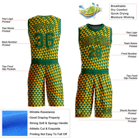 Custom Gold Kelly Green-Black Triangle Shapes Round Neck Sublimation Basketball Suit Jersey - Sky-Custom