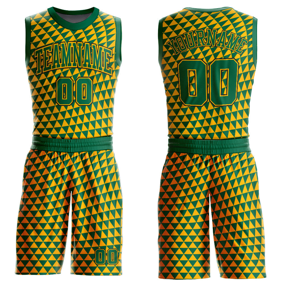 Custom Gold Kelly Green-Black Triangle Shapes Round Neck Sublimation Basketball Suit Jersey - Sky-Custom