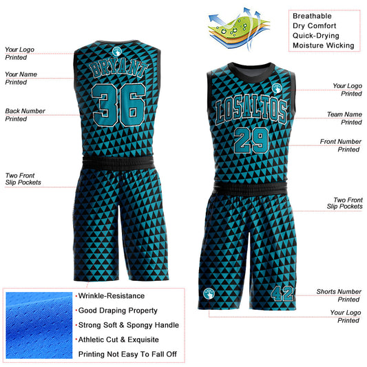 Custom Teal Black-White Triangle Shapes Round Neck Sublimation Basketball Suit Jersey - Sky-Custom