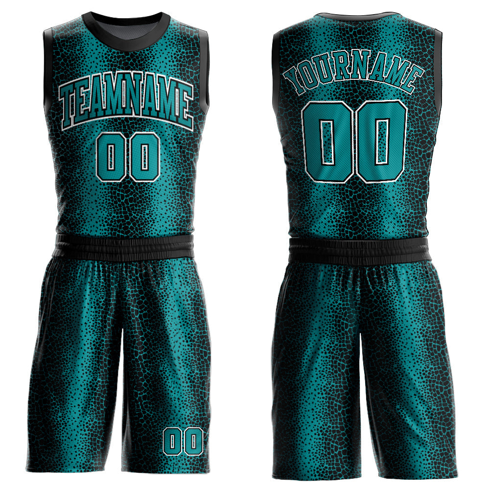 Custom Black Teal-White Animal Fur Print Round Neck Sublimation Basketball Suit Jersey - Sky-Custom