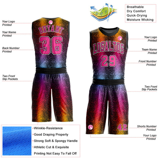 Custom Black Pink-Gold Animal Fur Print Round Neck Sublimation Basketball Suit Jersey - Sky-Custom
