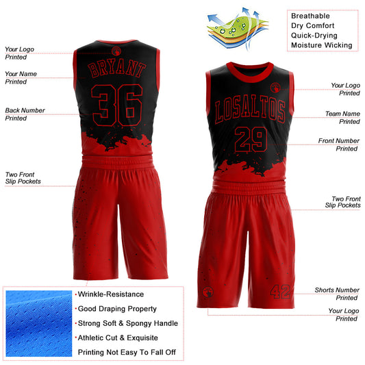 Custom Black Red Color Splash Round Neck Sublimation Basketball Suit Jersey - Sky-Custom