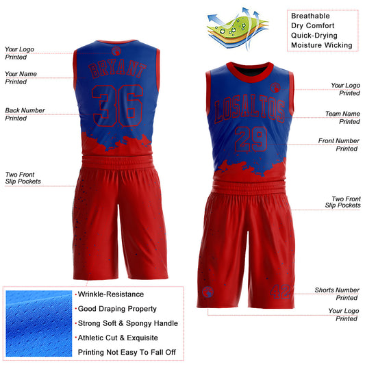 Custom Royal Red Color Splash Round Neck Sublimation Basketball Suit Jersey - Sky-Custom