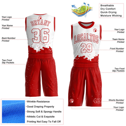 Custom White Red Color Splash Round Neck Sublimation Basketball Suit Jersey - Sky-Custom